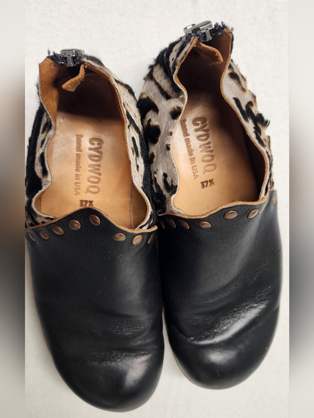 CYDWOQ Handmade Black Leather Studded Mules Cow Hair Calf Print EU 37.5 US 7.5 - Picture 8 of 10
